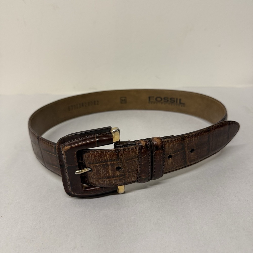 VTG Y2K 90s FOSSIL Leather Brown Belt Sz 32 Croc Embossed Chunky Big Buckle